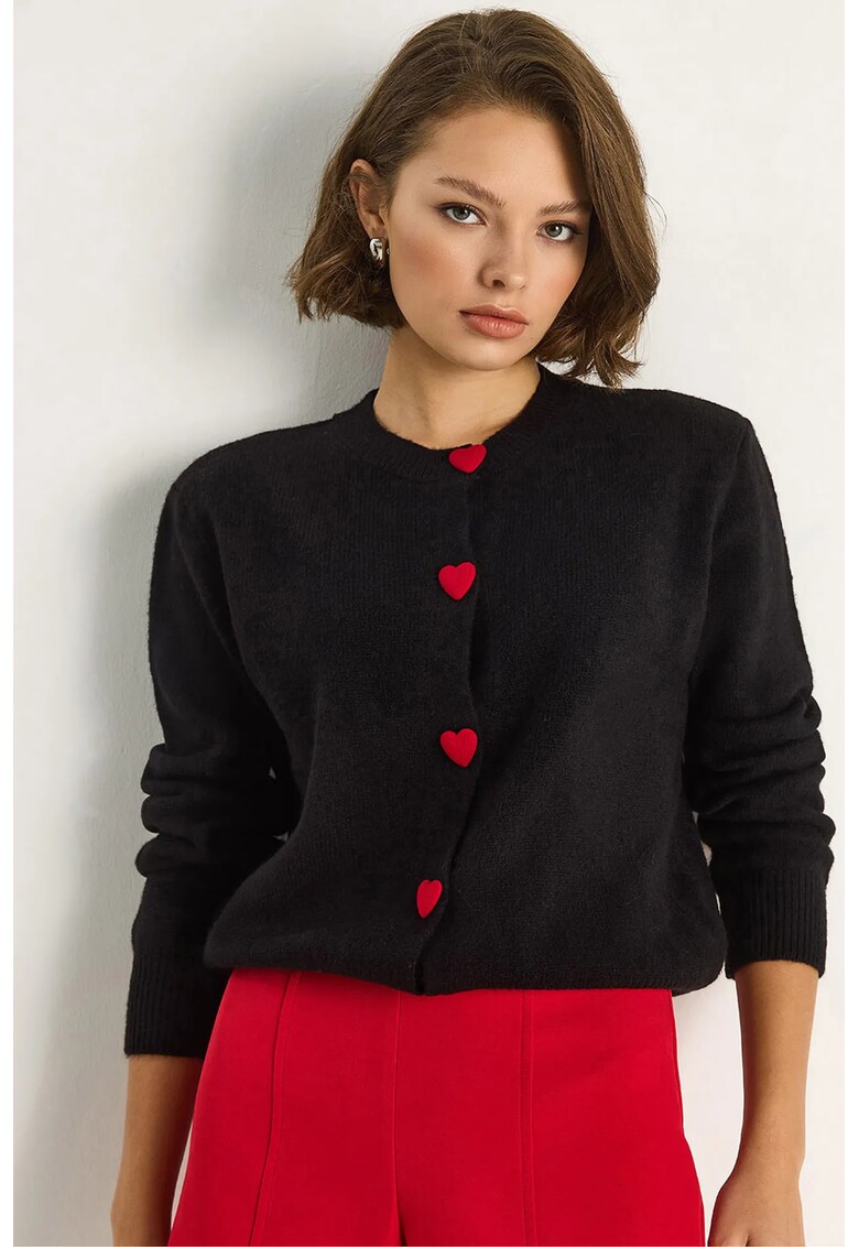 Cardigan - cu nasturi in forma de inima - negru - tricot -