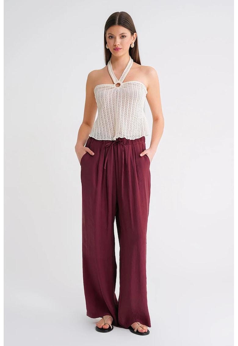 Pantaloni dama - palazzo plisati - talie inalta - rosu burgundy - modal