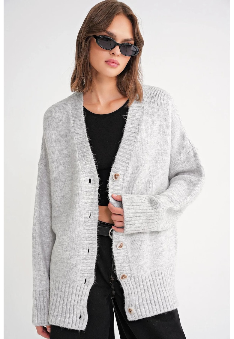 Cardigan tricotat - nervuri - decolteu in V - gri - tricot -