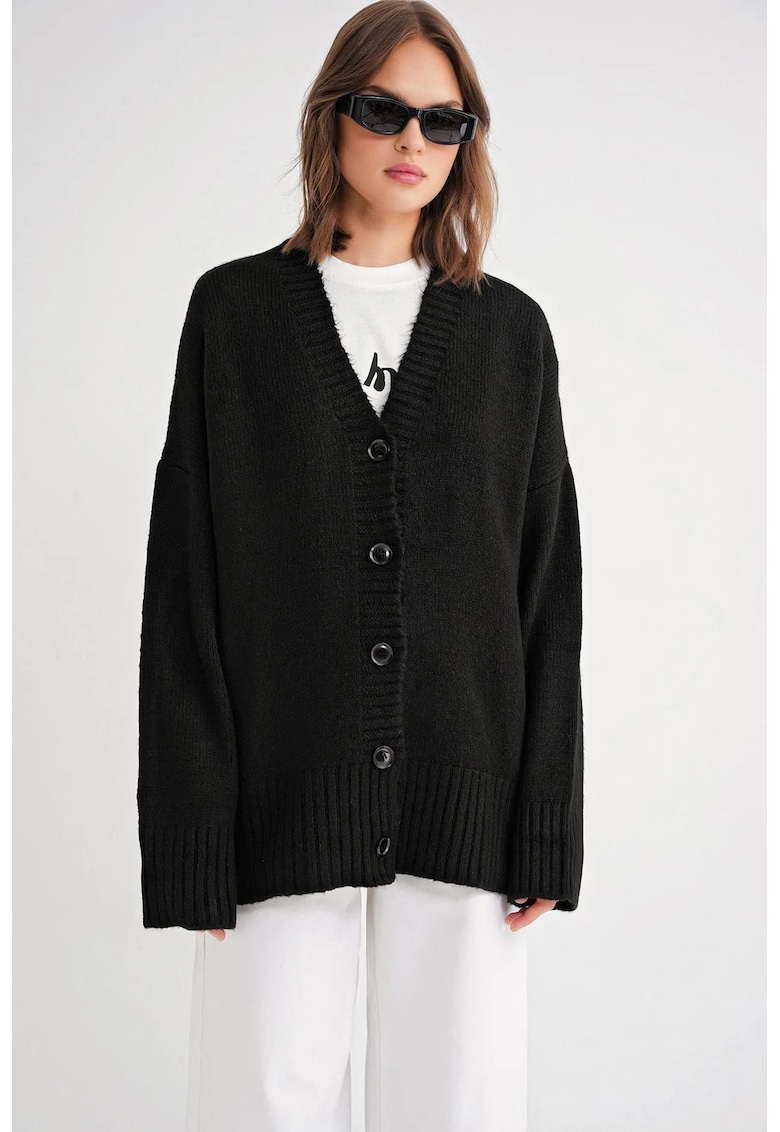 Cardigan - cu nasturi - decolteu in V - negru - tricot -