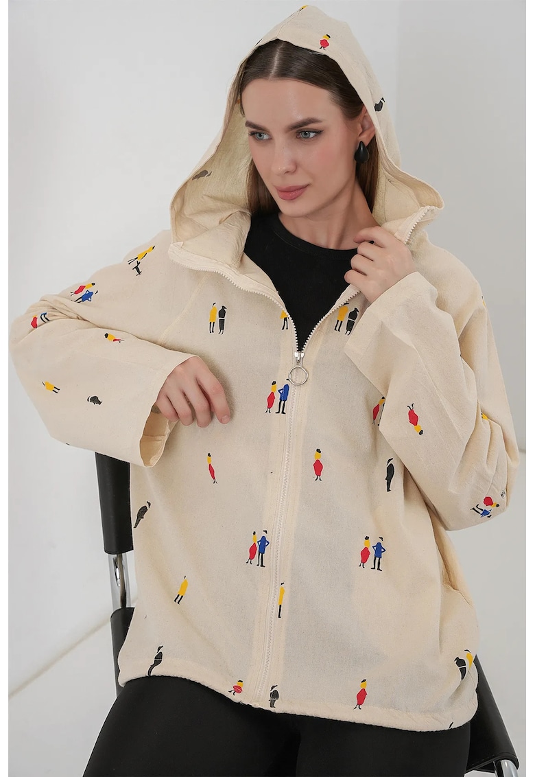 Jacheta din bumbac cu gluga si fermoar - cu buzunare - Ivory Natural - set de dimensiuni S-M -