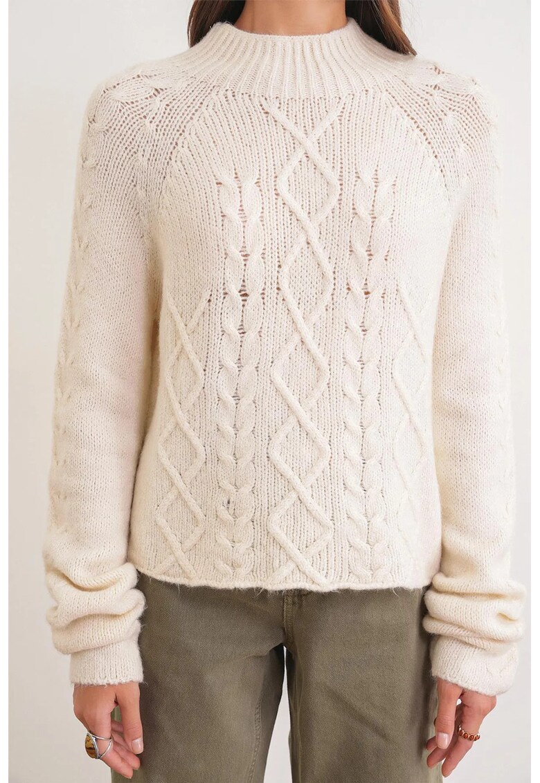 Pulover dama - tricotat gros - guler semi-rulat - crem - textil -