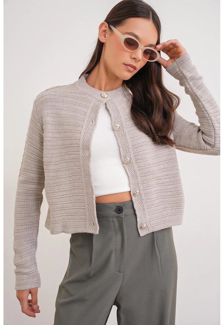 Cardigan scurt tricotat - inchidere nasturi - Gri -