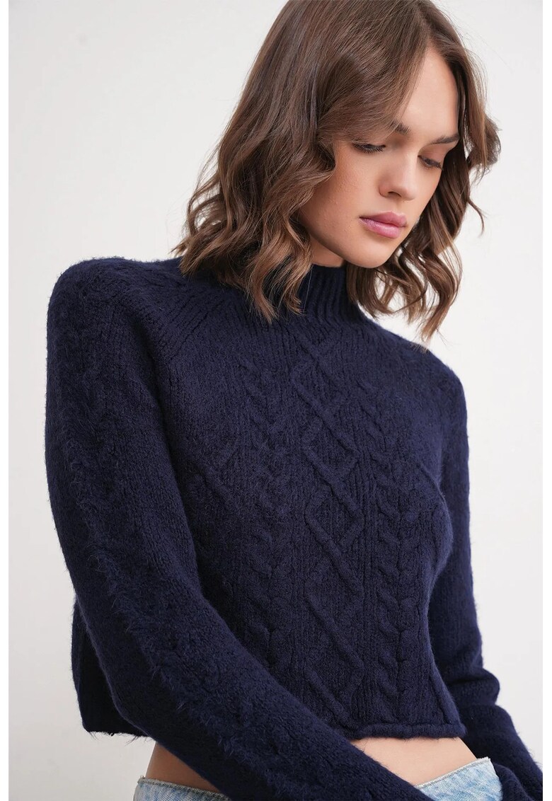 Pulover dama - Textil - Albastru marin - Guler inalt -