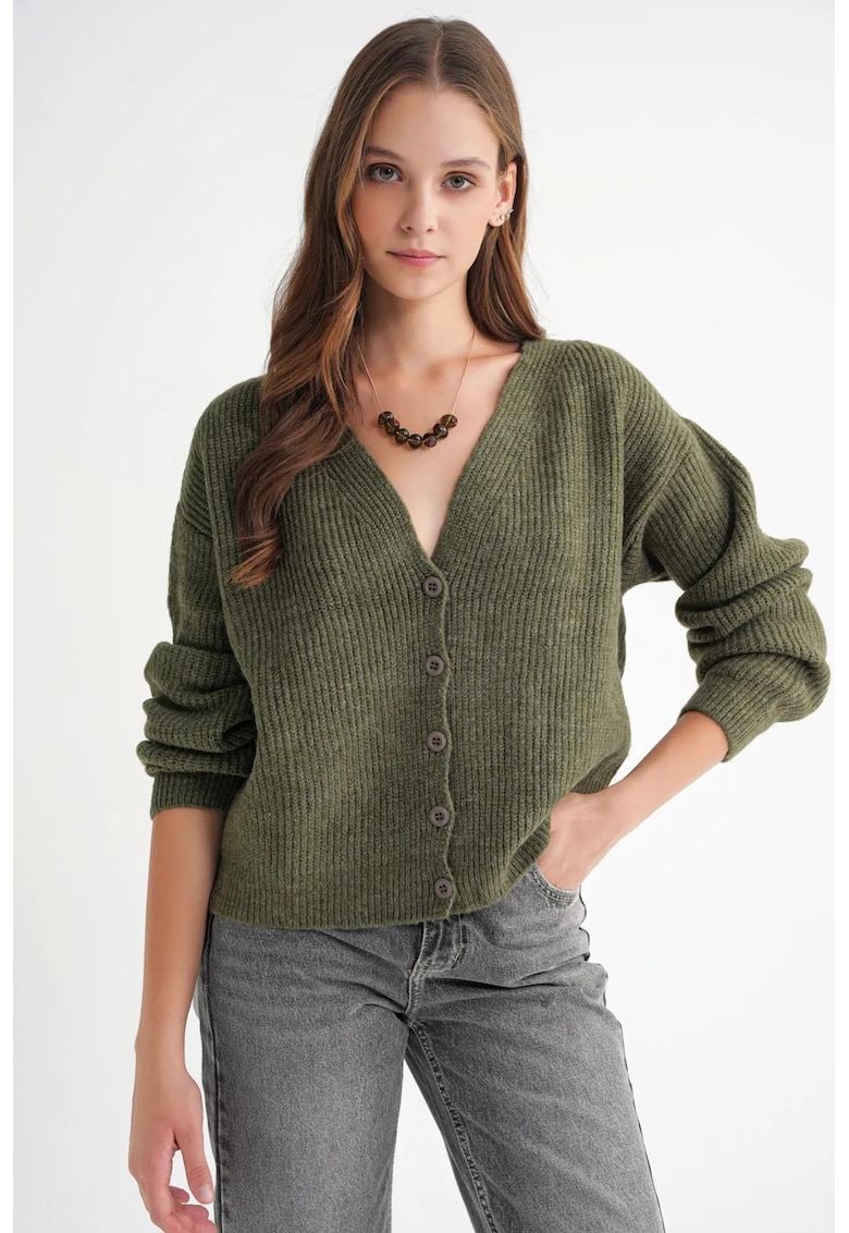 Cardigan - Decolteu in V - Tricot - Kaki -