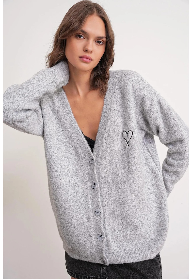 Cardigan tricotat - supradimensionat - decolteu in V - gri -