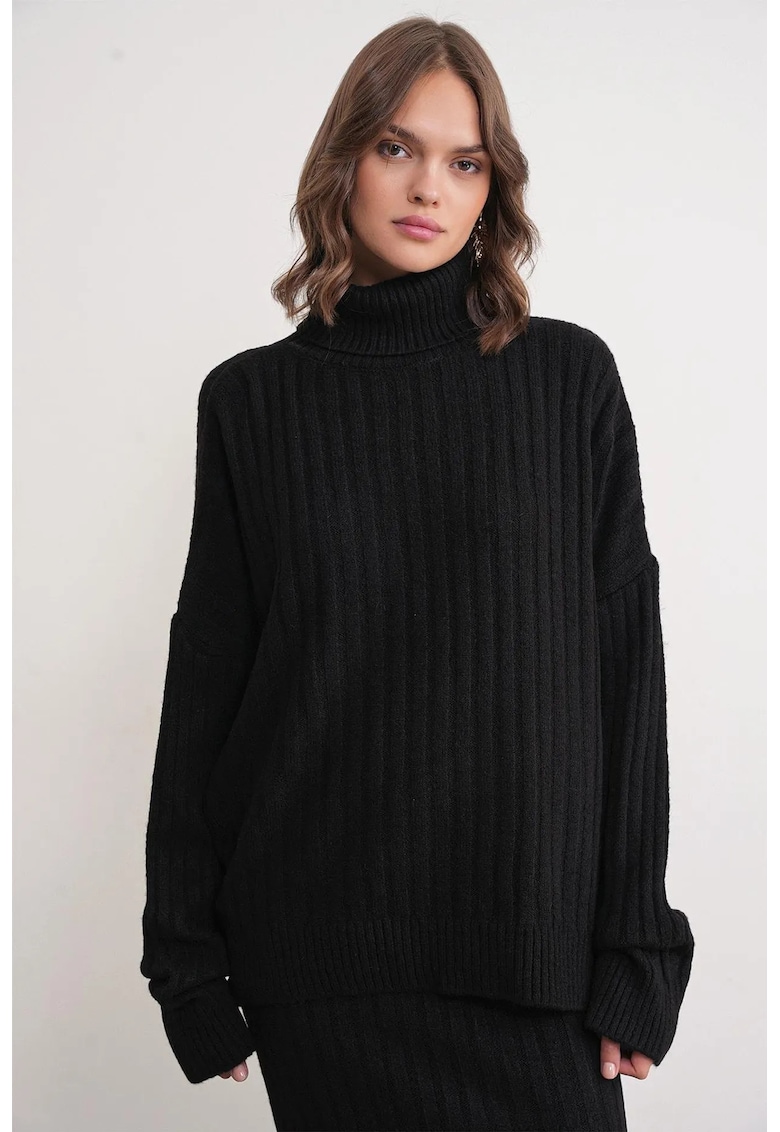 Pulover dama - Guler inalt - Tricot - Negru