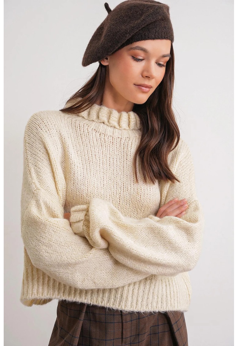 Pulover dama - guler inalt - tricot - bej natural -