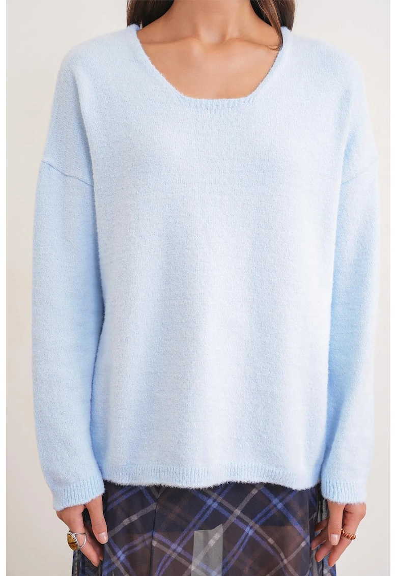 Pulover dama - Relaxed Fit - albastru deschis - tricot - guler rotund -