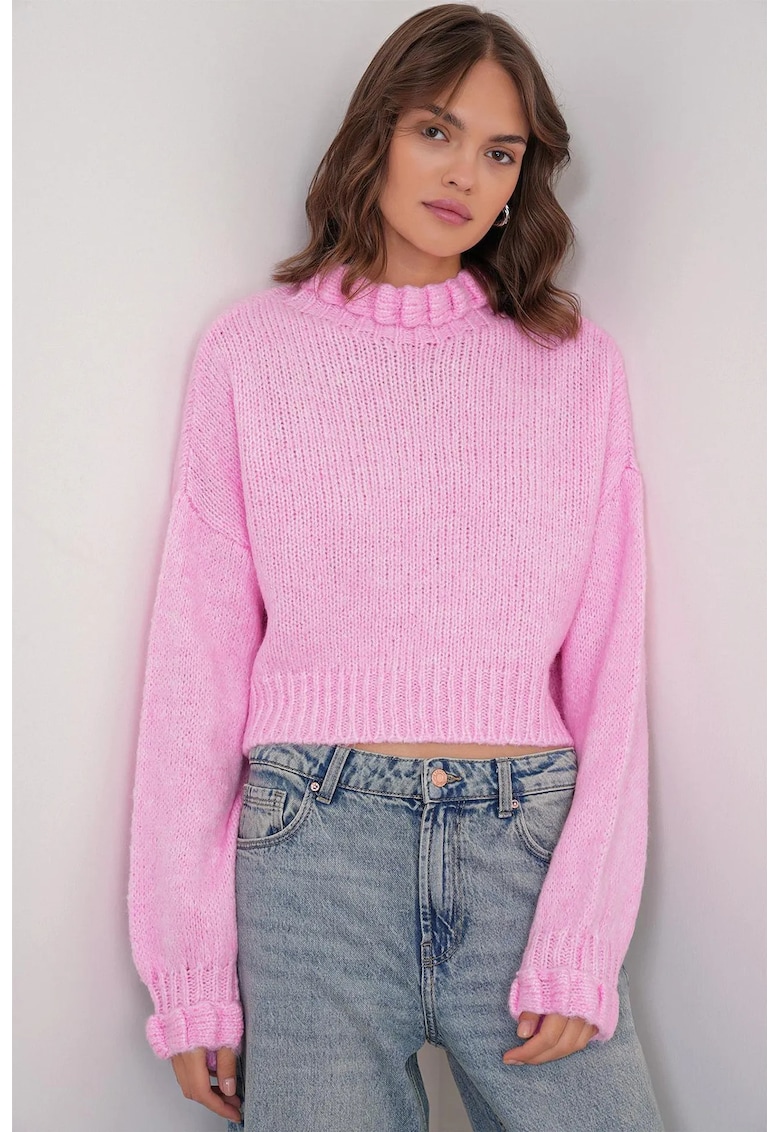 Pulover dama - scurt texturat - guler inalt - roz pudrat - tricot -