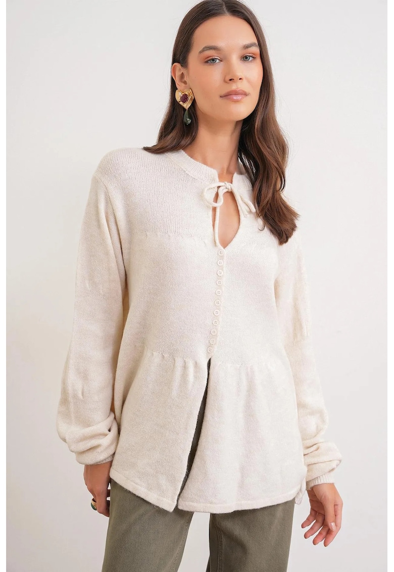 Pulover dama - tricotat - detalii cravata - maneci lungi - crem -