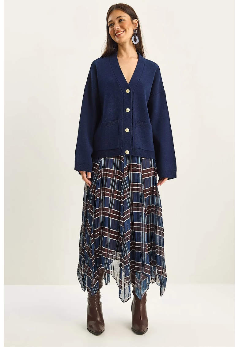 Fusta midi - carouri - captusita - bleumarin - textil