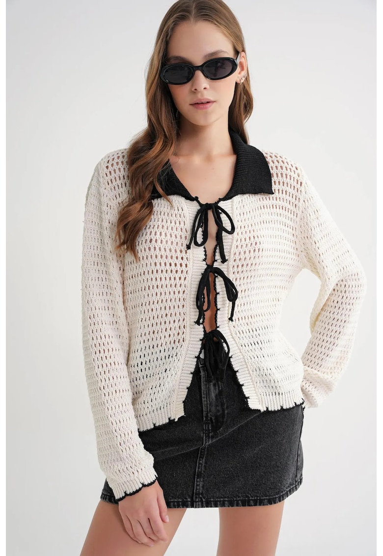 Cardigan tricotat - guler contrastant - detaliu cu siret - natural - tricot -