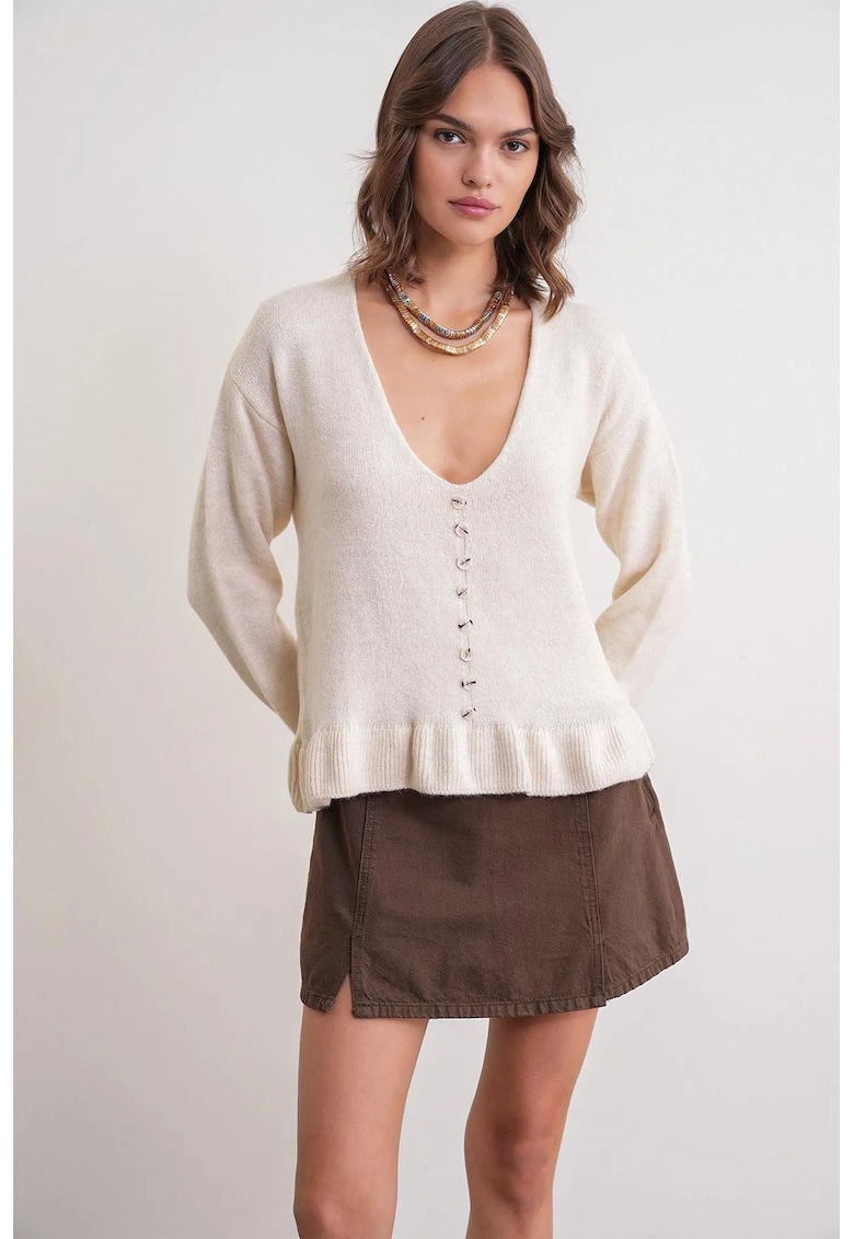 Pulover dama - Decolteu in V - Crem - Tricot -