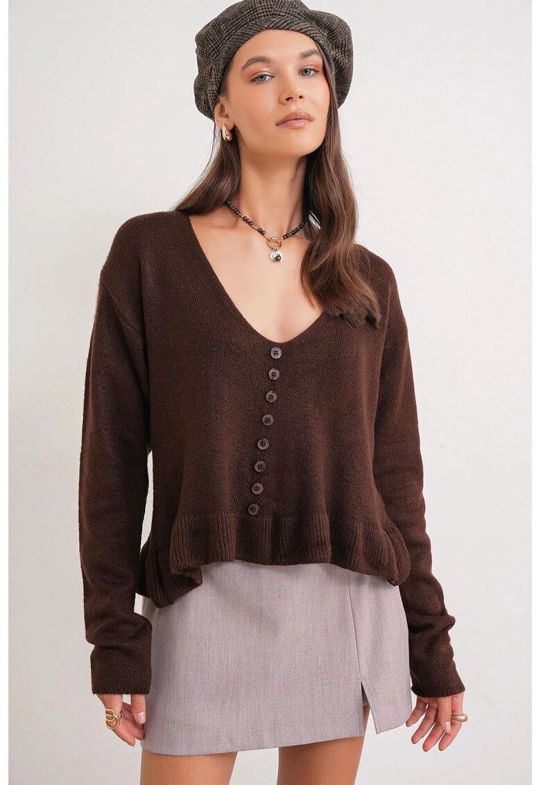Pulover dama - tricotat - decolteu in V - detalii cu nasturi - maro cafea -
