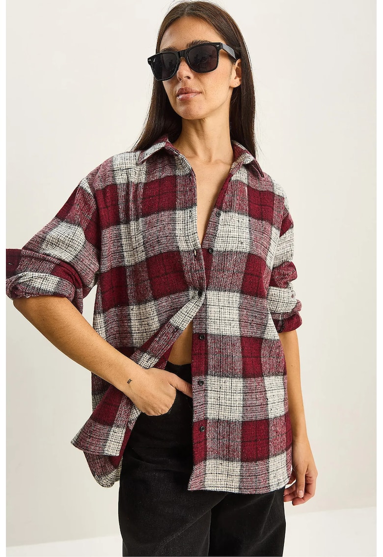 Camasa dama - camasa din poplin in carouri - relaxata - rosu burgund - textil -