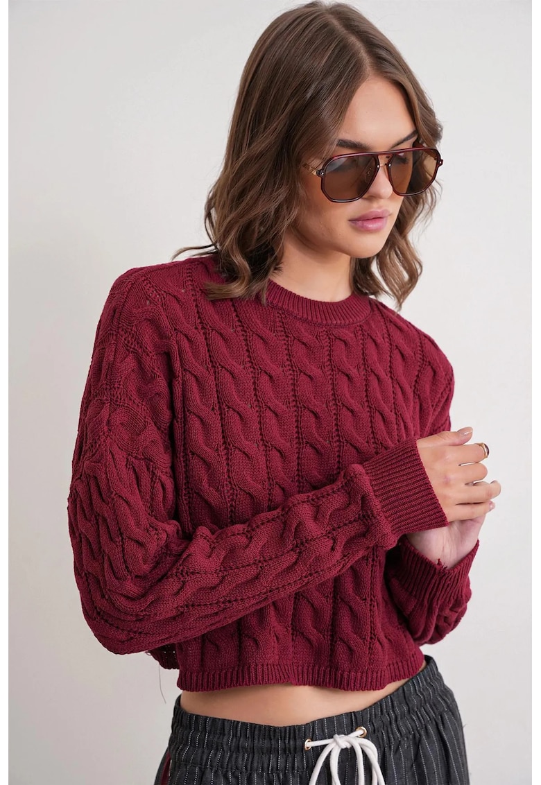 Pulover dama - Guler rotund - Visiniu - Tricot -