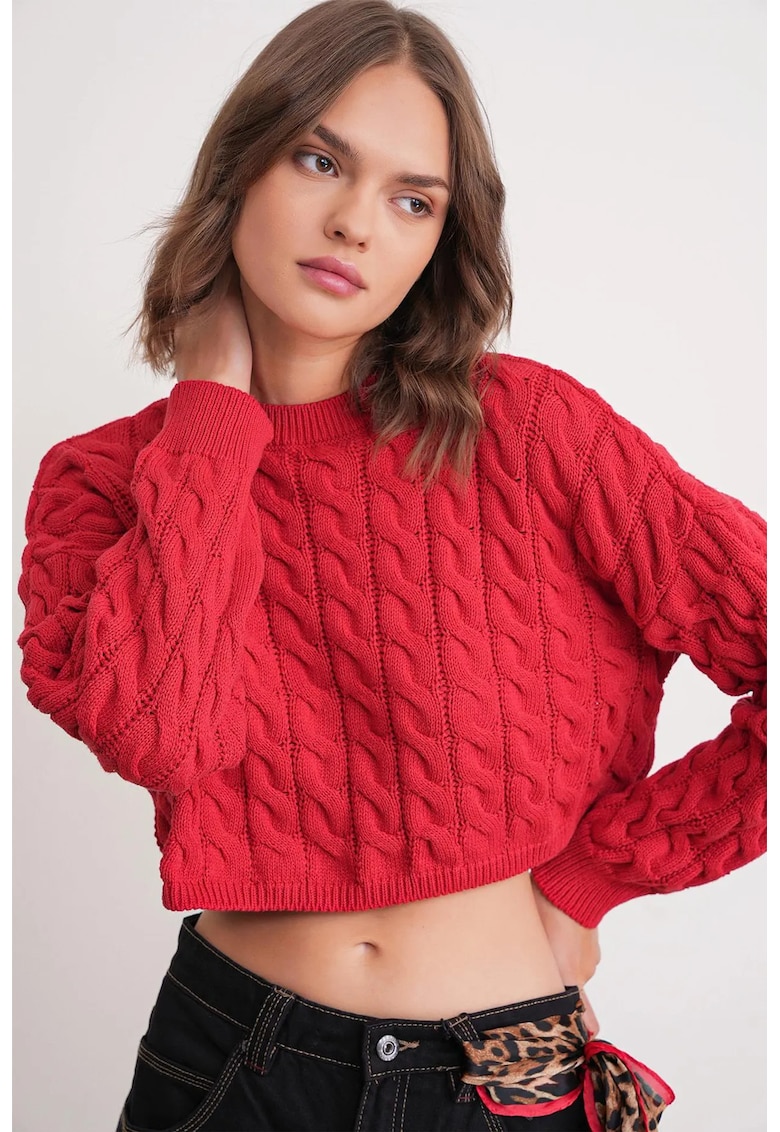 Pulover dama - Guler rotund - Tricot - Rosu -