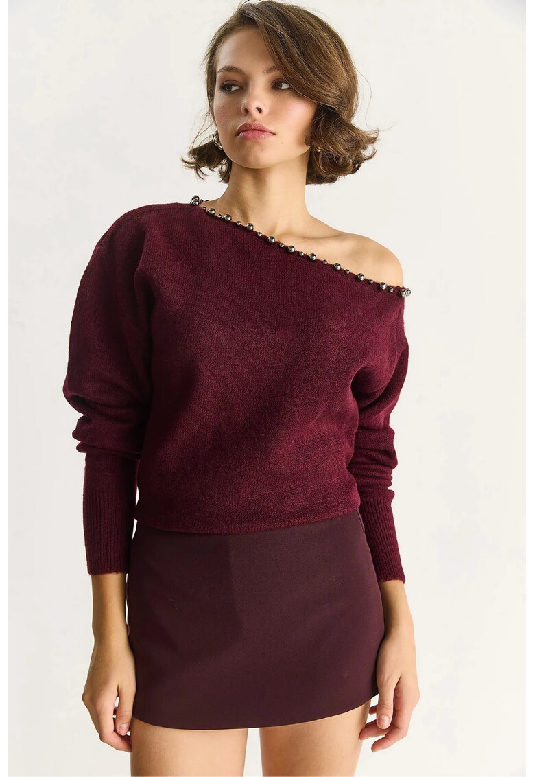 Pulover dama - Tricot - Visiniu - Guler asimetric -