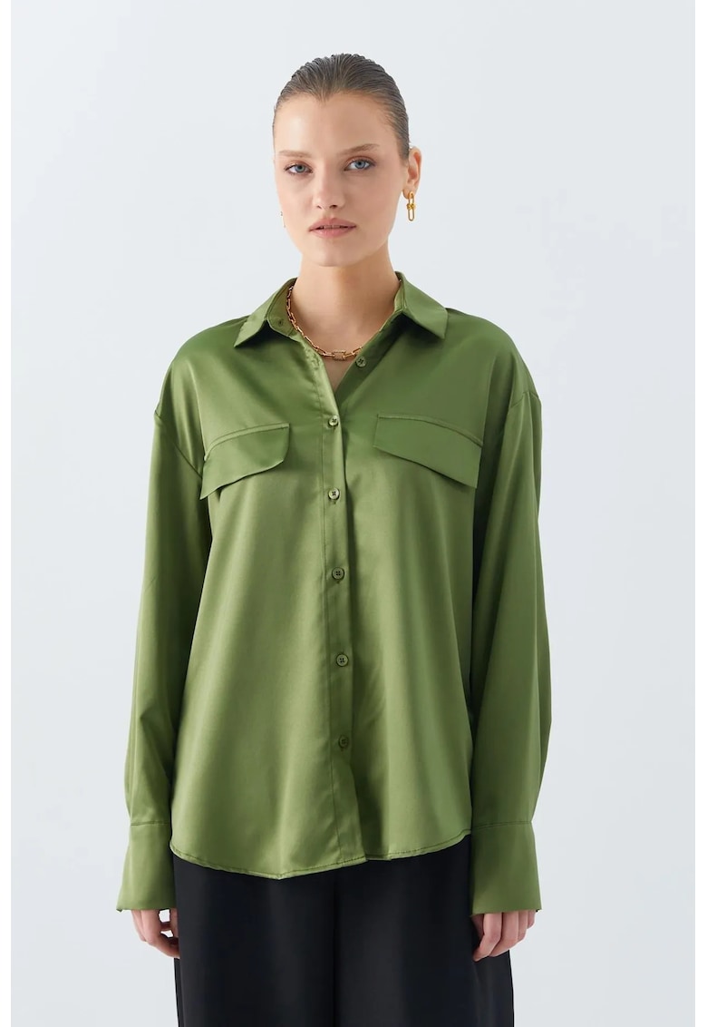 Camasa dama - camasa din satin - detaliu buzunar - verde kaki - textil