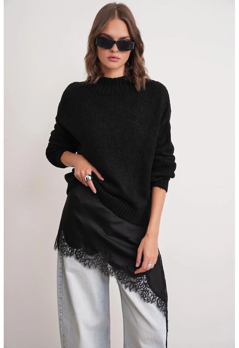 Pulover dama - tricotat gros - croiala relaxata - negru -