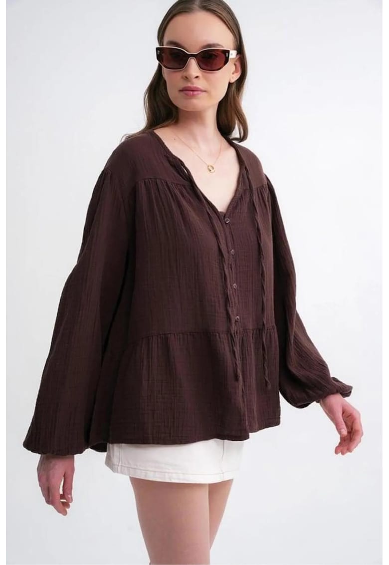 Camasa dama - cu maneca lunga - croiala relaxata - maro cafea - textil