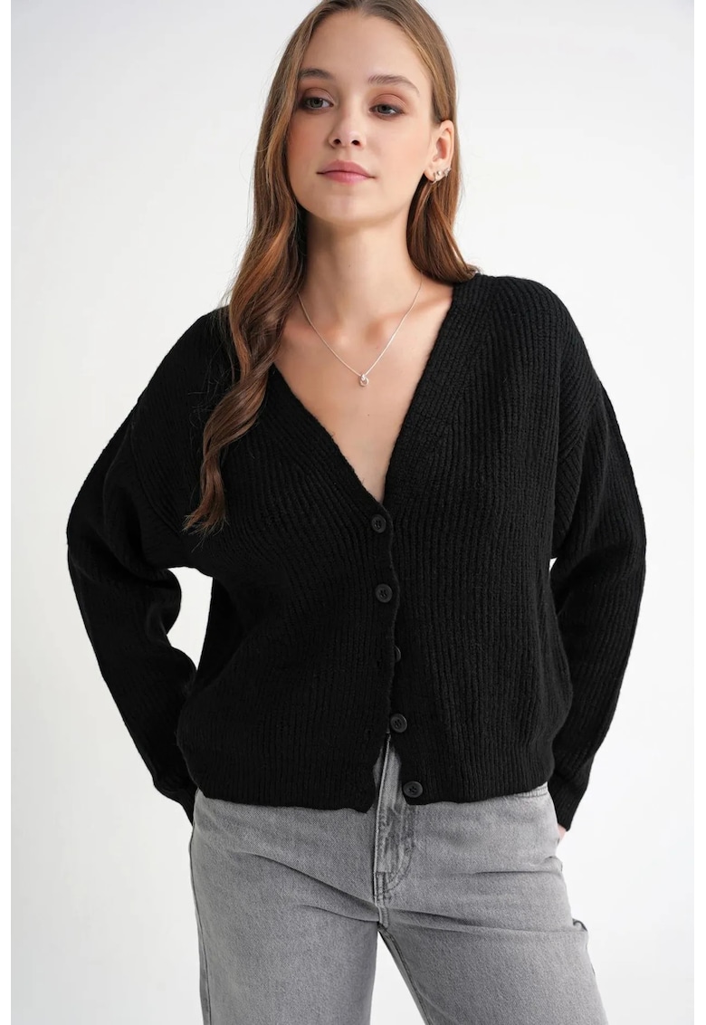 Cardigan dama - decolteu in V - negru - tricot -