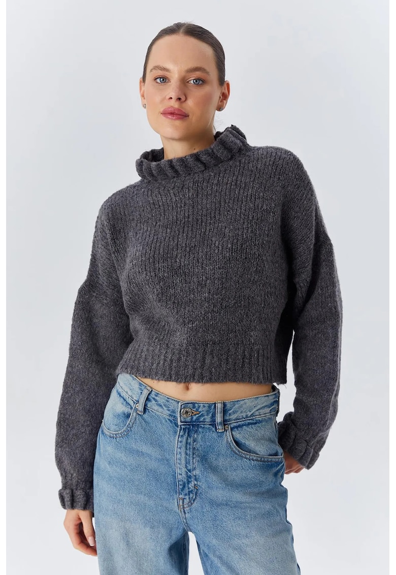 Pulover dama - Scurt - Gri inchis - Tricot -