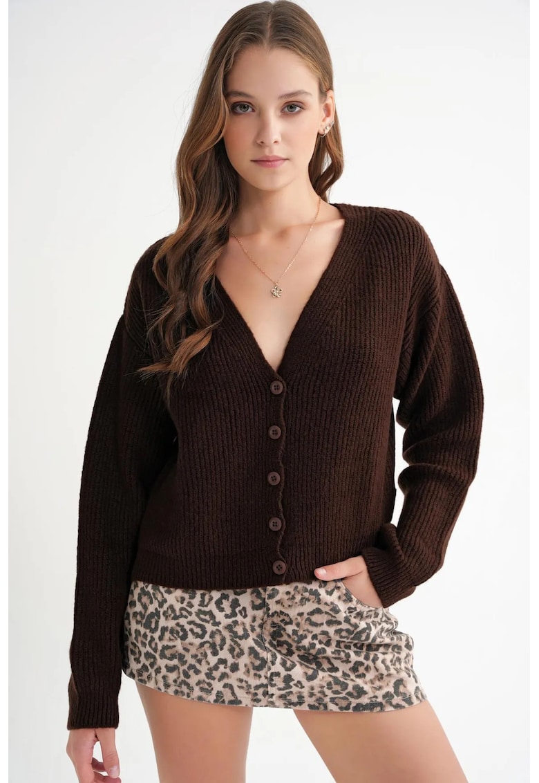 Cardigan dama - cu nasturi - decolteu in V - tricot - maro inchis -
