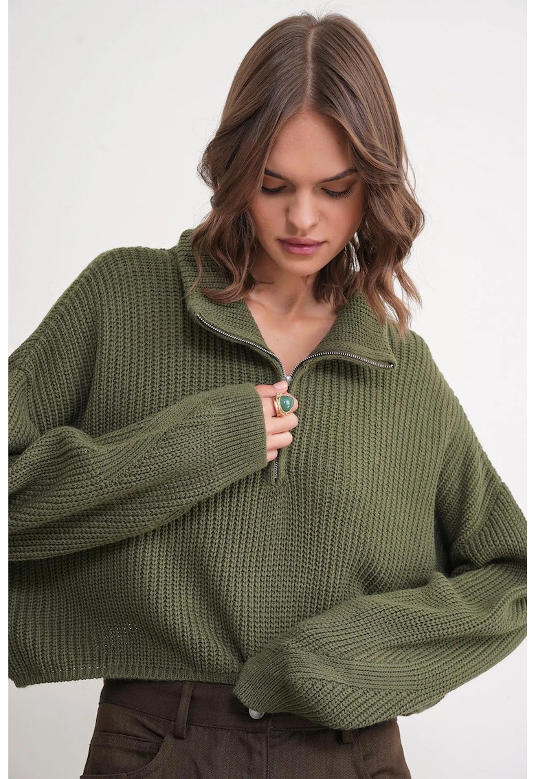 Pulover dama - guler texturat - maneca lunga - kaki - tricot -