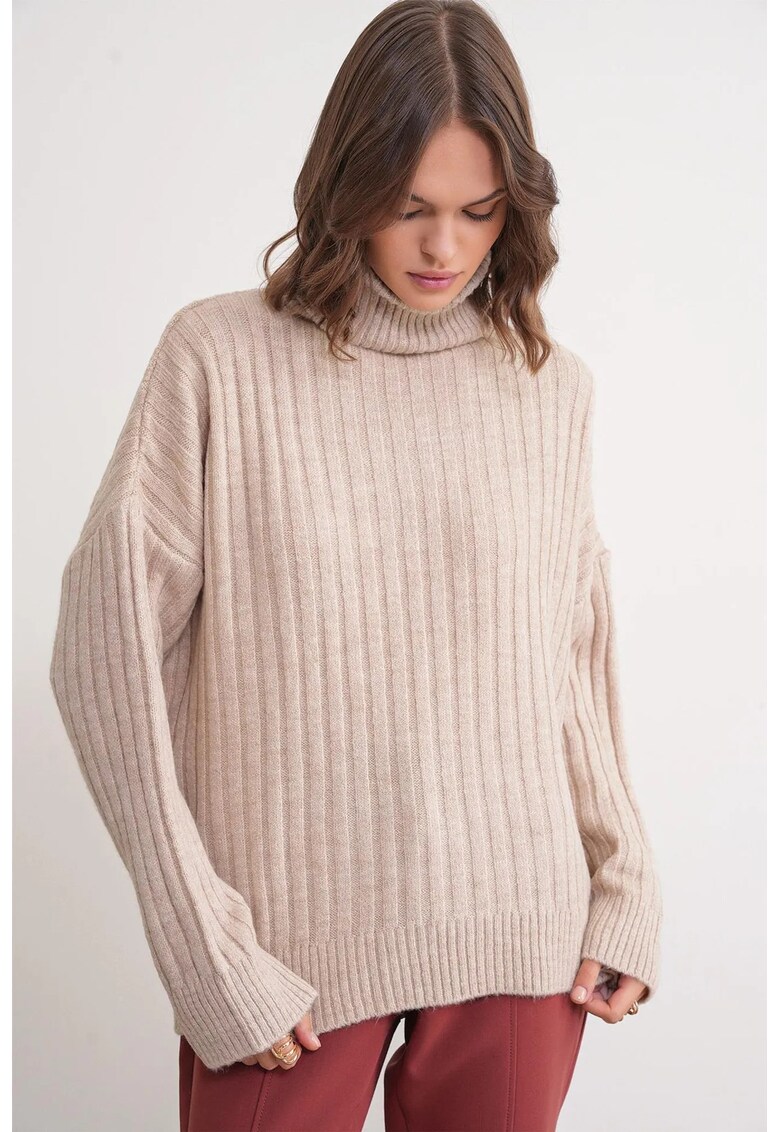 Pulover dama - oversize - guler inalt - bej natural - tricot -