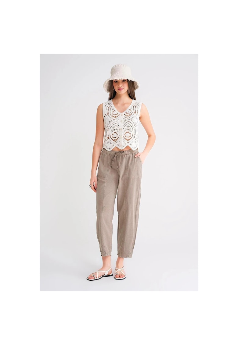 Pantaloni sport dama - din bumbac - talie cu snur - bej natural