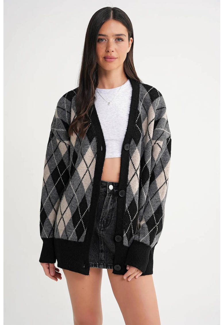 Cardigan - Oversize - model Argyle - decolteu in V - negru - tricot -