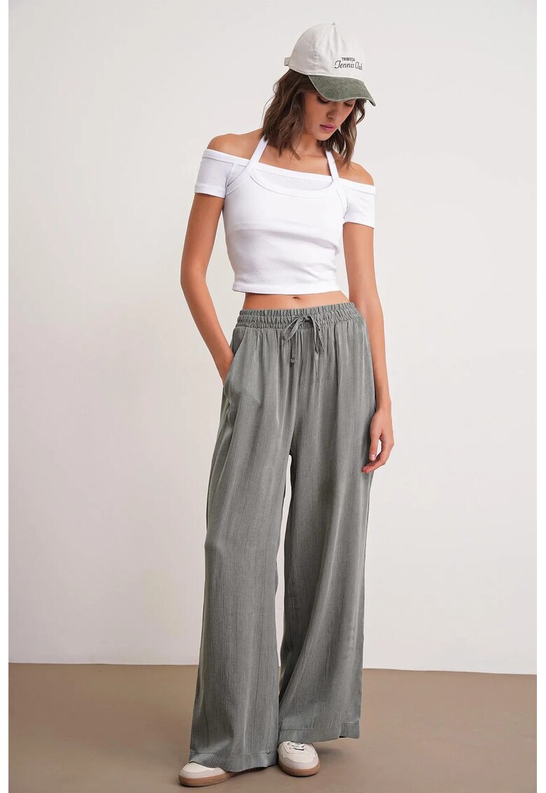 Pantaloni dama - cu snur - picior lat - verde kaki - textil