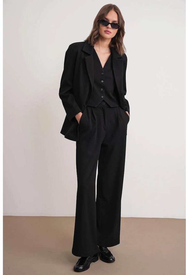 Pantaloni dama - Palazzo plisati - buzunare - negru - textil