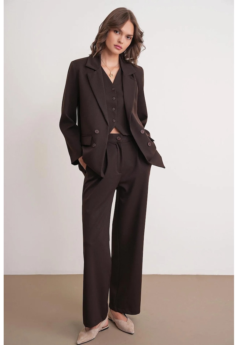 Pantaloni dama - Palazzo plisati - cu buzunare - maro cafea - textil