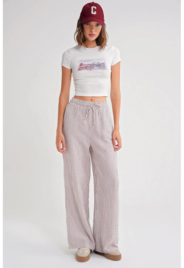 Pantaloni dama - cu dungi si snur - alb/rosu burgundy - textil