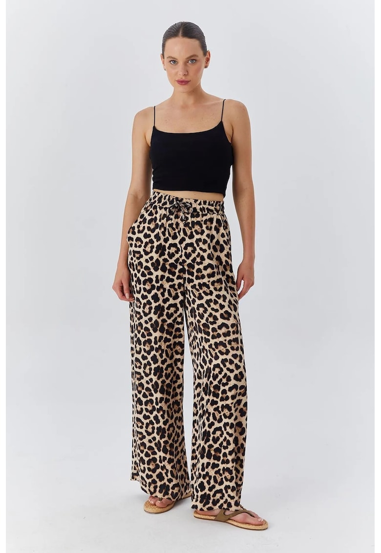 Pantaloni dama - talie inalta - imprimeu leopard - bej natural