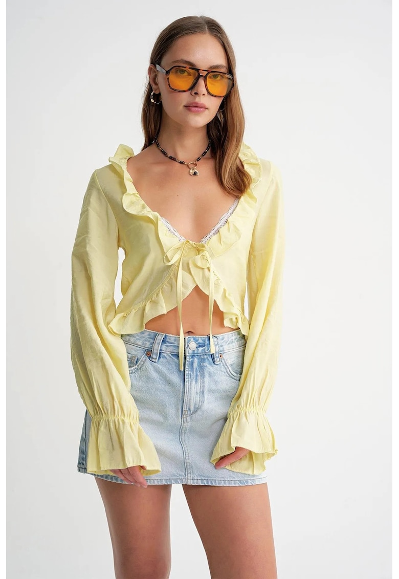 Bluze dama - bluza scurta cu maneca lunga - galben lamaie - textil