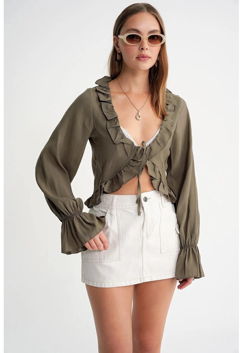 Bluza dama scurta - cu volane - decolteu in V - verde kaki - textil