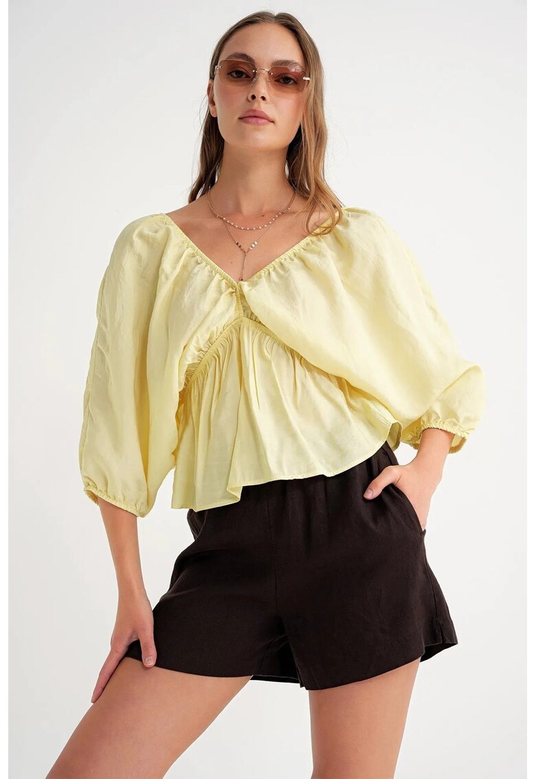 Bluza dama - decolteu in V - detalii cu volane - galben lamaie - textil