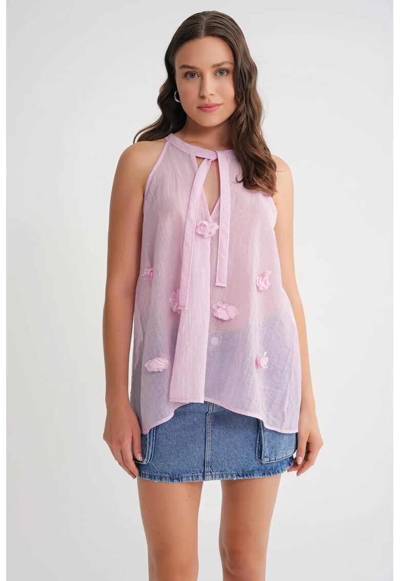 Maiou cu volane - decolteu in V - roz pudra - textil