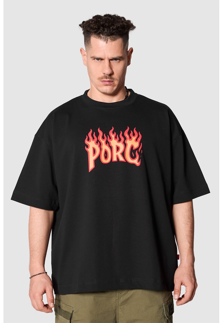 Porc Tricou lejer din bumbac cu model unisex Flames - Negru