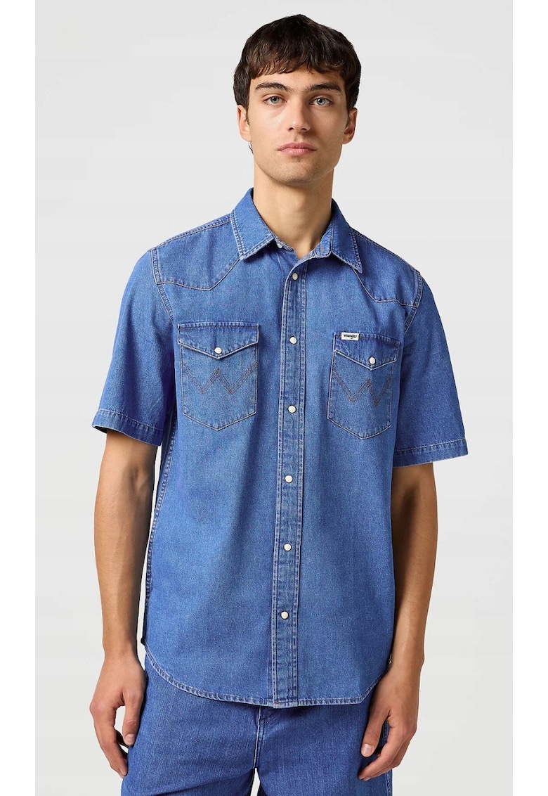 Camasa barbati - model Western - maneca scurta - albastru - bumbac