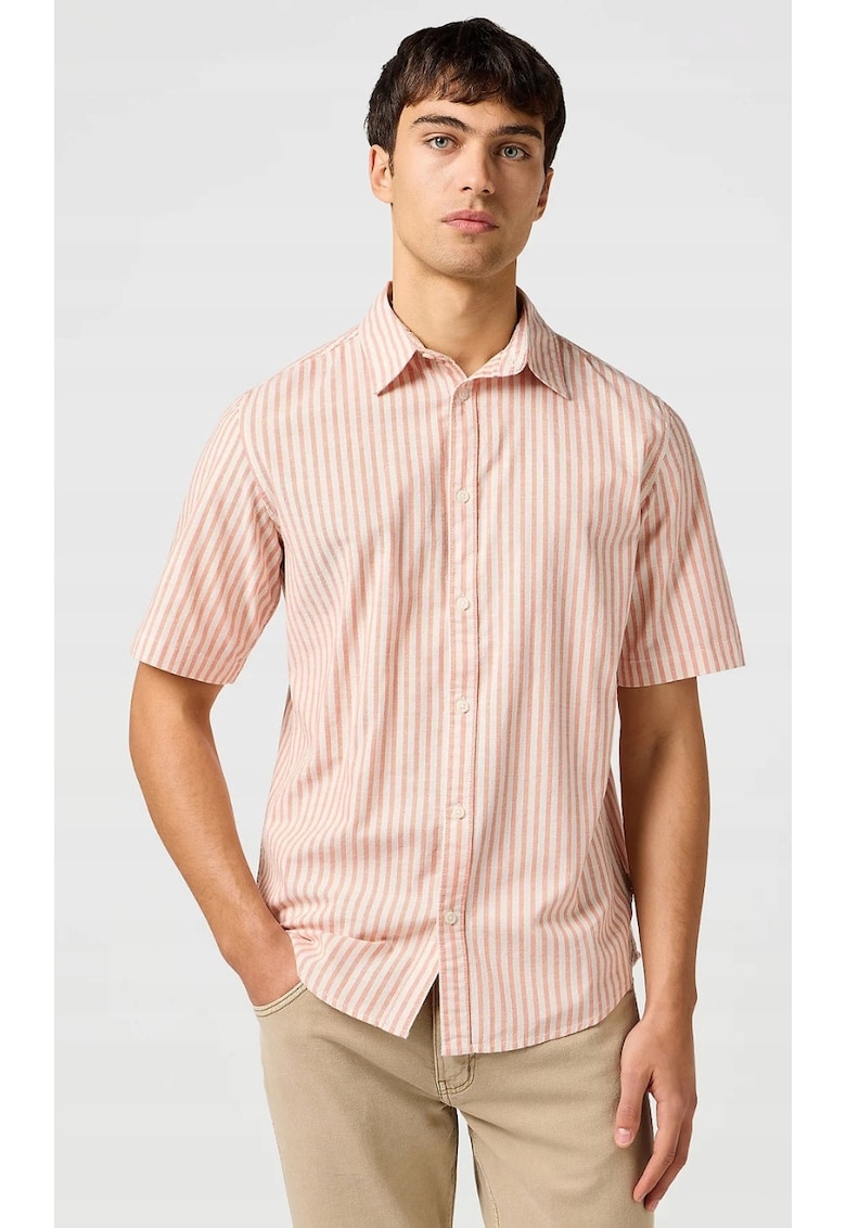 Camasa barbati - SS Shirt - dungi roz - regular fit - bumbac - alb crem
