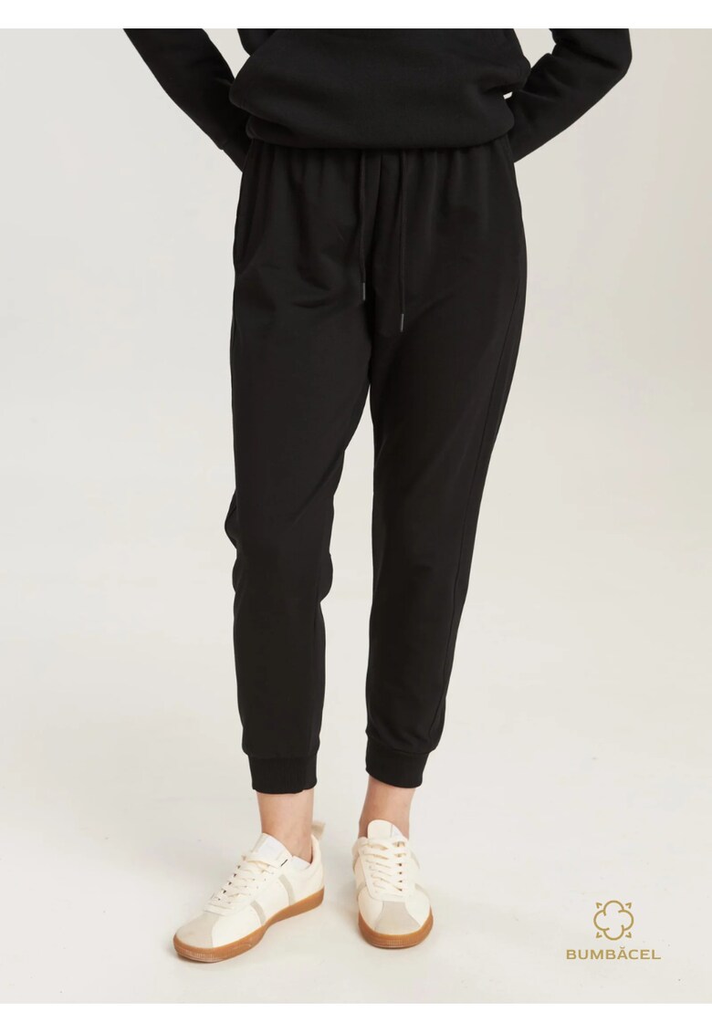 Pantaloni din bumbac - cu buzunare si manseta - pentru dame - Negru