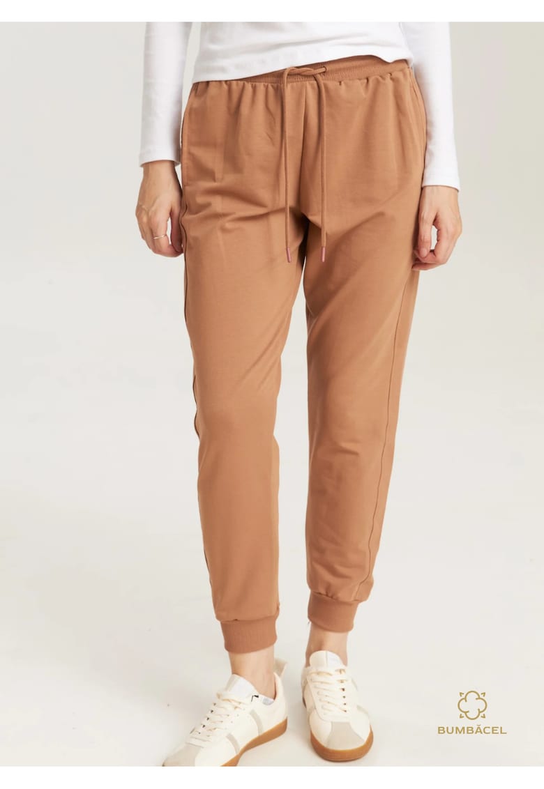 Pantaloni din bumbac - cu buzunare si manseta - pentru dame - Maro