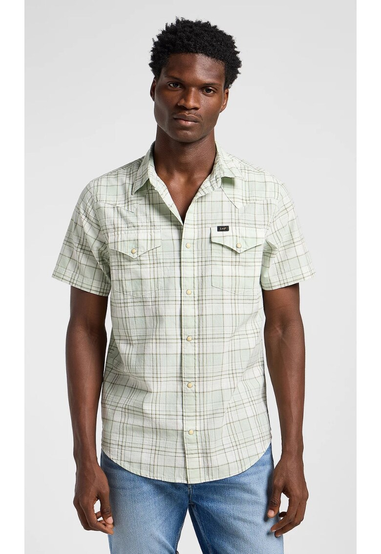 Camasa barbati - cu carouri - verde - bumbac - maneca scurta
