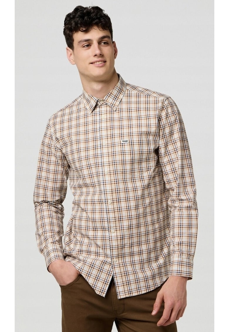 Camasa barbati 1 Pocket Poplin Regular Fit - carouri alb - maro - bleumarin - bej - bumbac