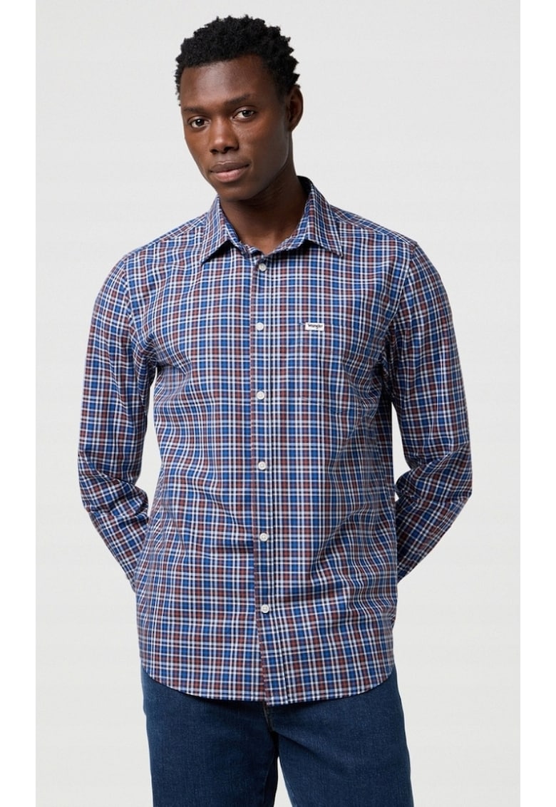 Camasa barbati - poplin - albastru in carouri - bumbac - maneca scurta